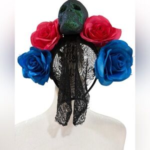Day of the Dead green glitter skull headband with red & blue roses & black veil